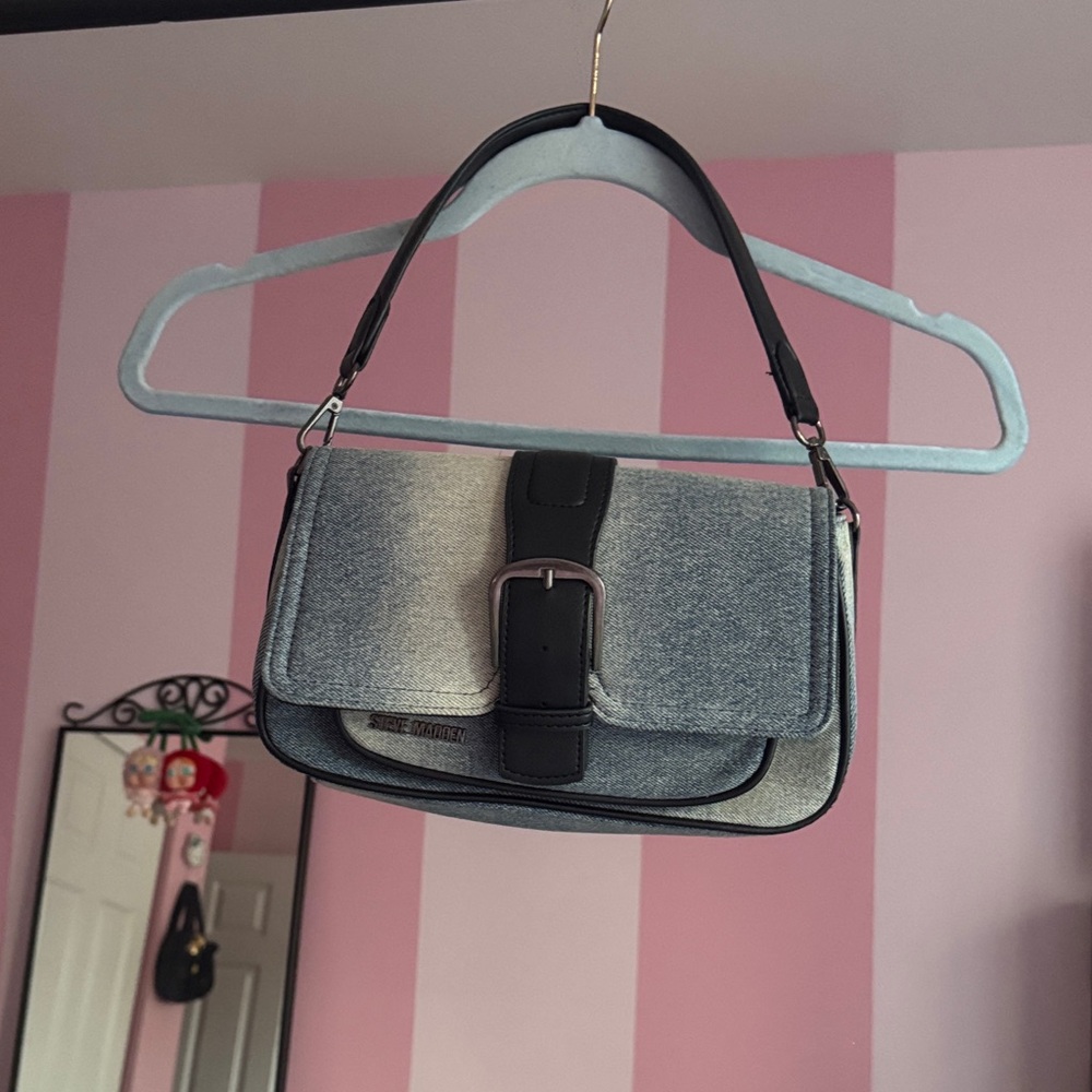Steve Madden Denim Shoulder Bag with Black Trim and Buckle